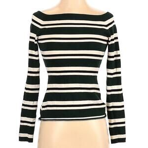H&M Green Cream Black Striped Off-Shoulder Knit Top Long Sleeve Stretch Pullover